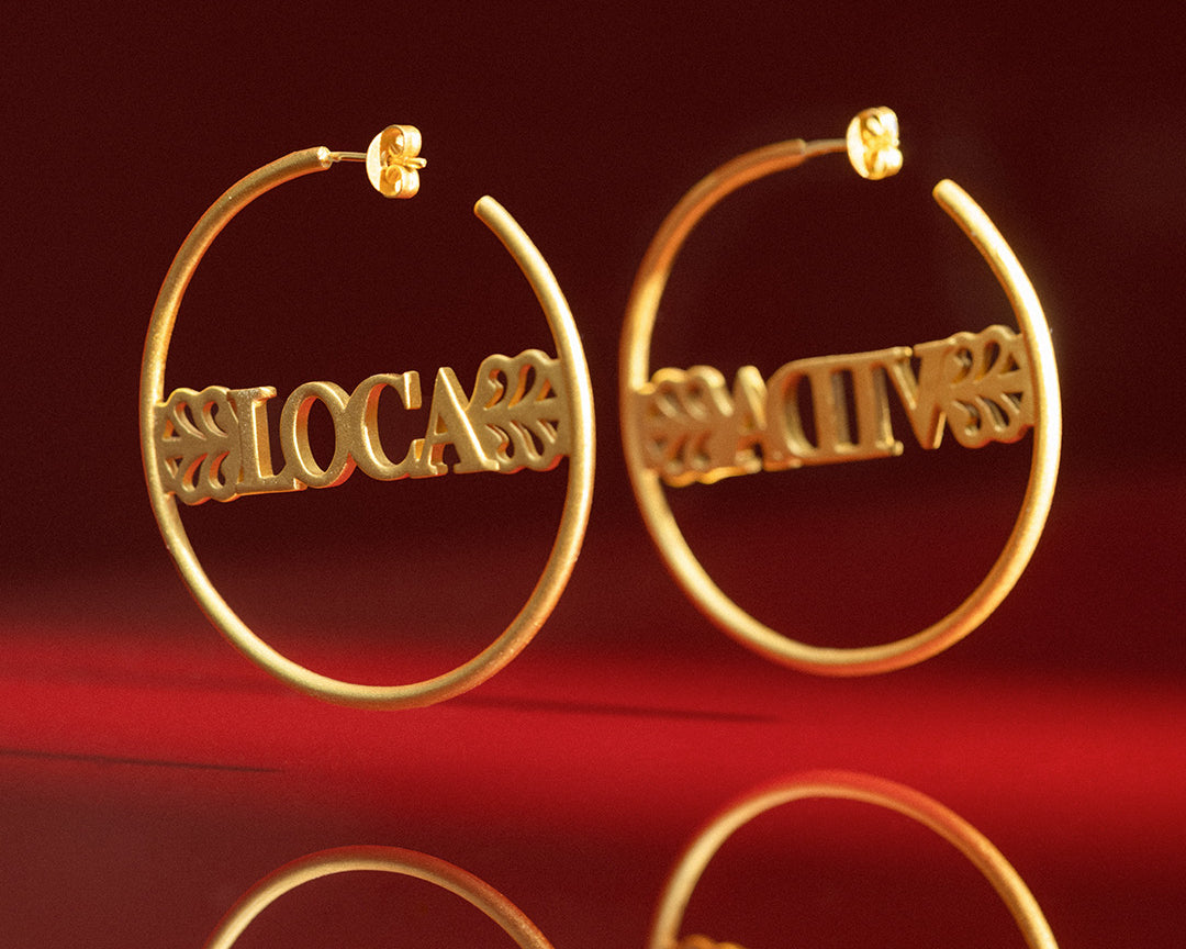 Gold plated hoops with Vida Loca text
