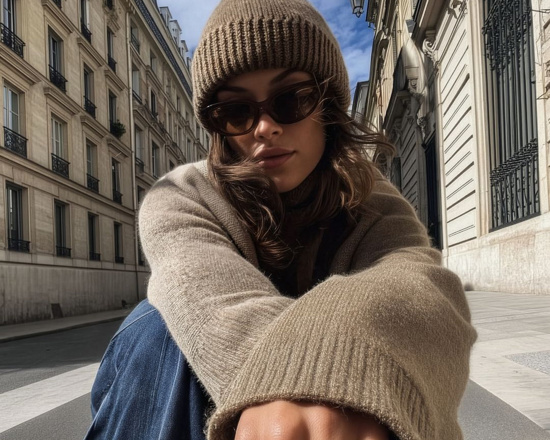 Photo of a brunette women wearing a cozy outfit in the streets of Paris. Its a sunny vibe, she also wears three golden rings. 
