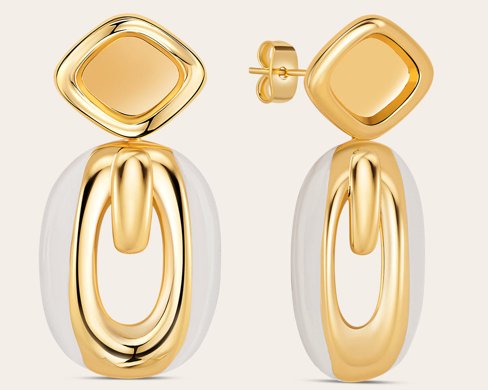 Front and side view of gold plated drop earrings