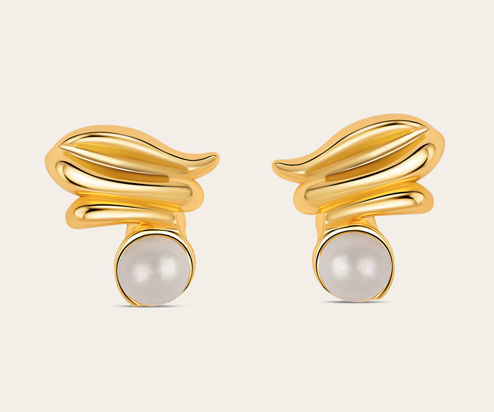 Gold plated sculptural earrings with white pearls