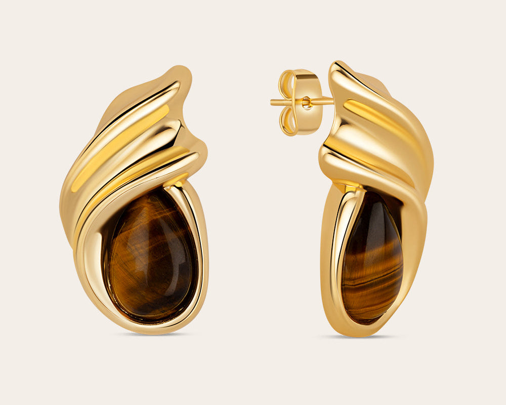 Front and side view of gold plated brown stone earrings