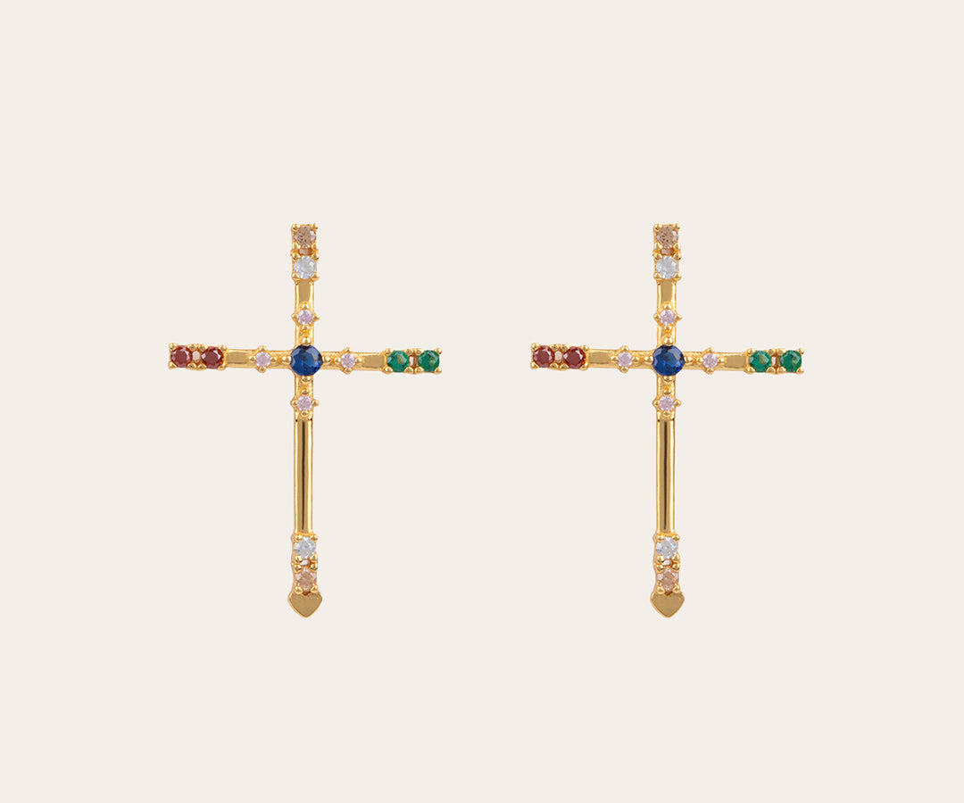 Gold plated colorful cross earrings