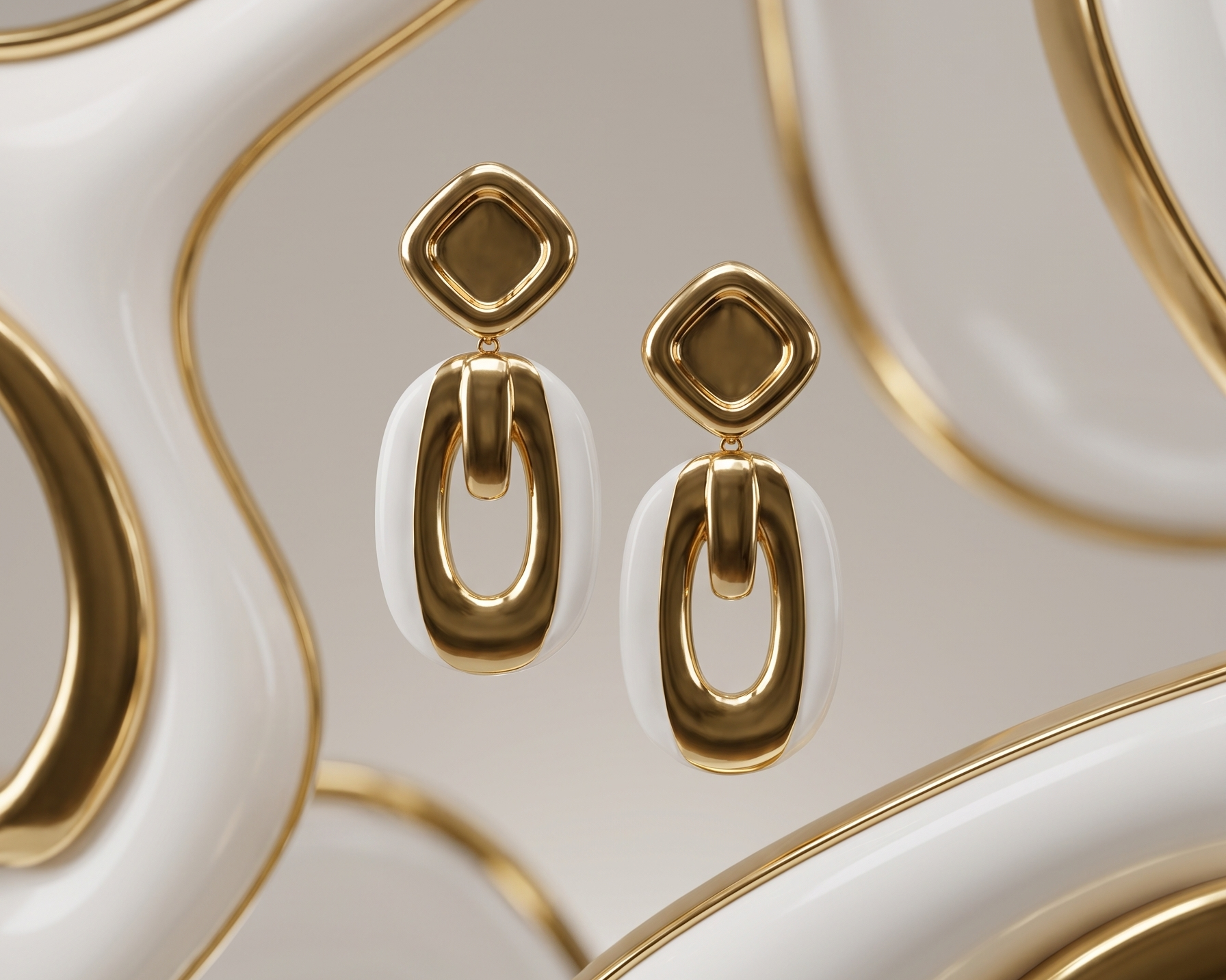 Gold plated geometric earrings on a patterned surface