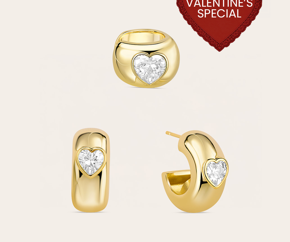 Productphoto's with light background. Gold earcuff and earrings with a heart. A red heart in the right corner "Valentine's special".